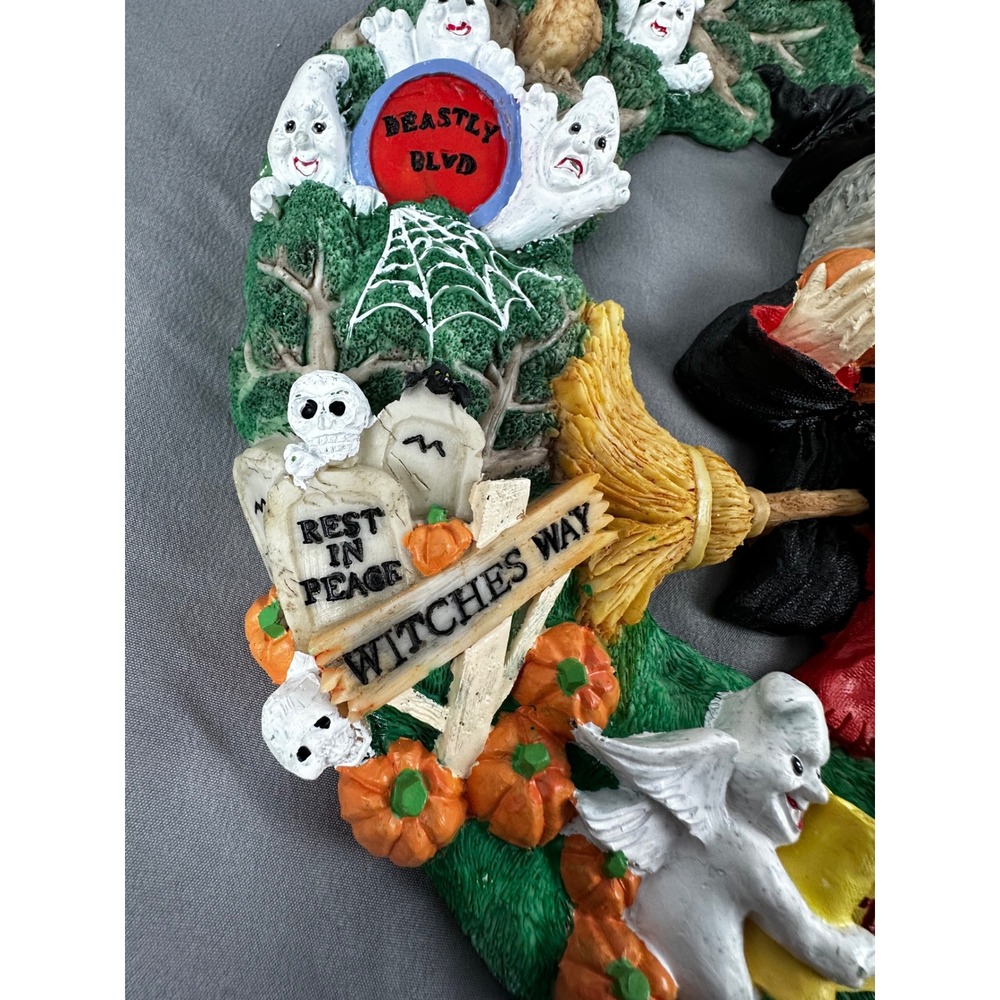 Jaimy Halloween Wreath Resin Witch Ghosts Pumpkins‎ Black Cats Owl Bat 12.5" Vtg - Picture 3 of 8